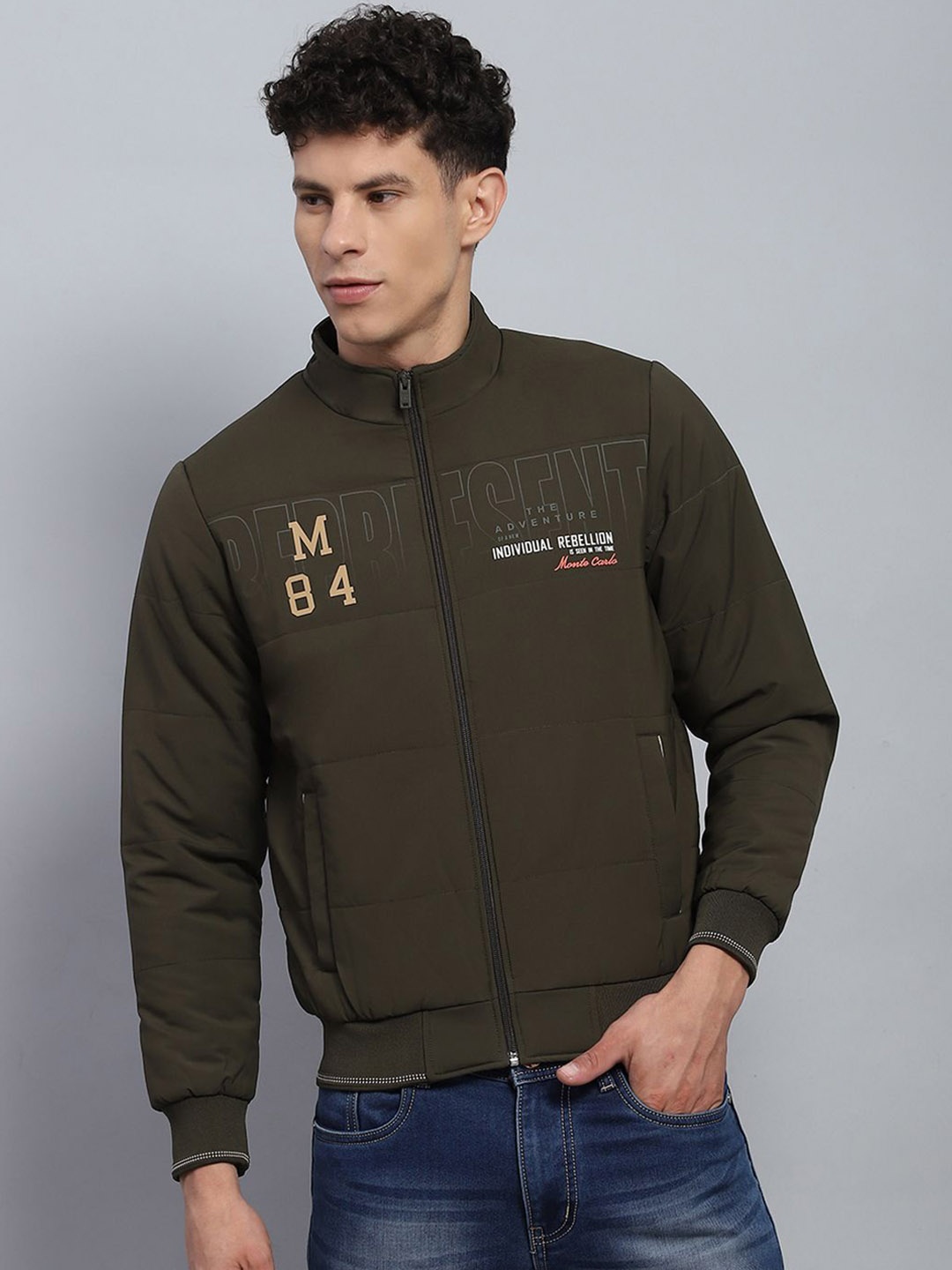 

Monte Carlo Men Mock Collar Typography Printed Casual Bomber Jacket, Olive