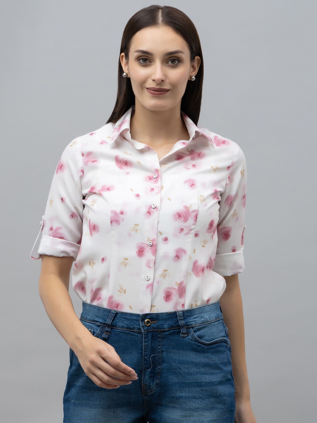 

PURYS WORKSPACE Women Classic Spread Collar Floral Printed Linen Blend Casual Shirt, White