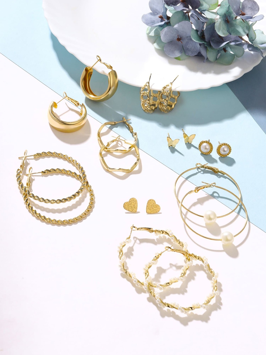 

Yellow Chimes Pack of 9 Pairs Gold Plated Artificial Stones and Bead Contemporary Hoop Earrings