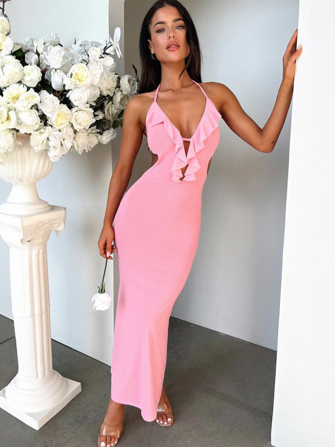 

MIAKEE Women Halter Neck Bodycon Maxi Dress, Pink