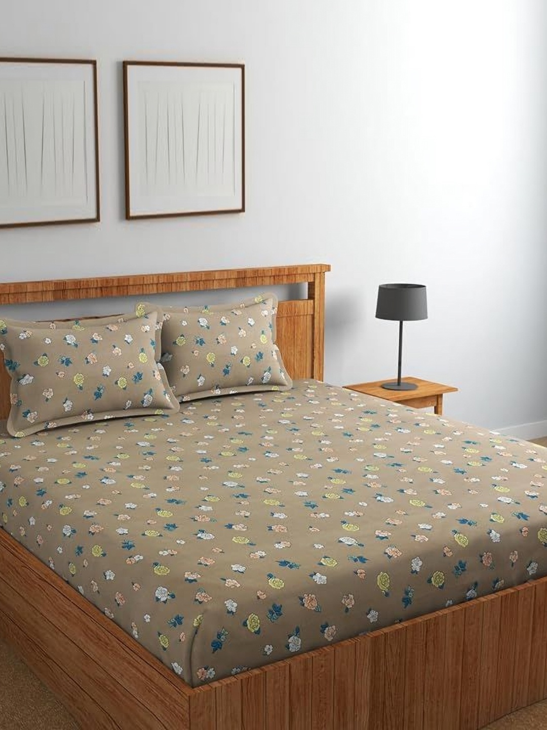 

MORADO Brown & Blue Floral 210 TC Queen Bedsheet with 2 Pillow Covers