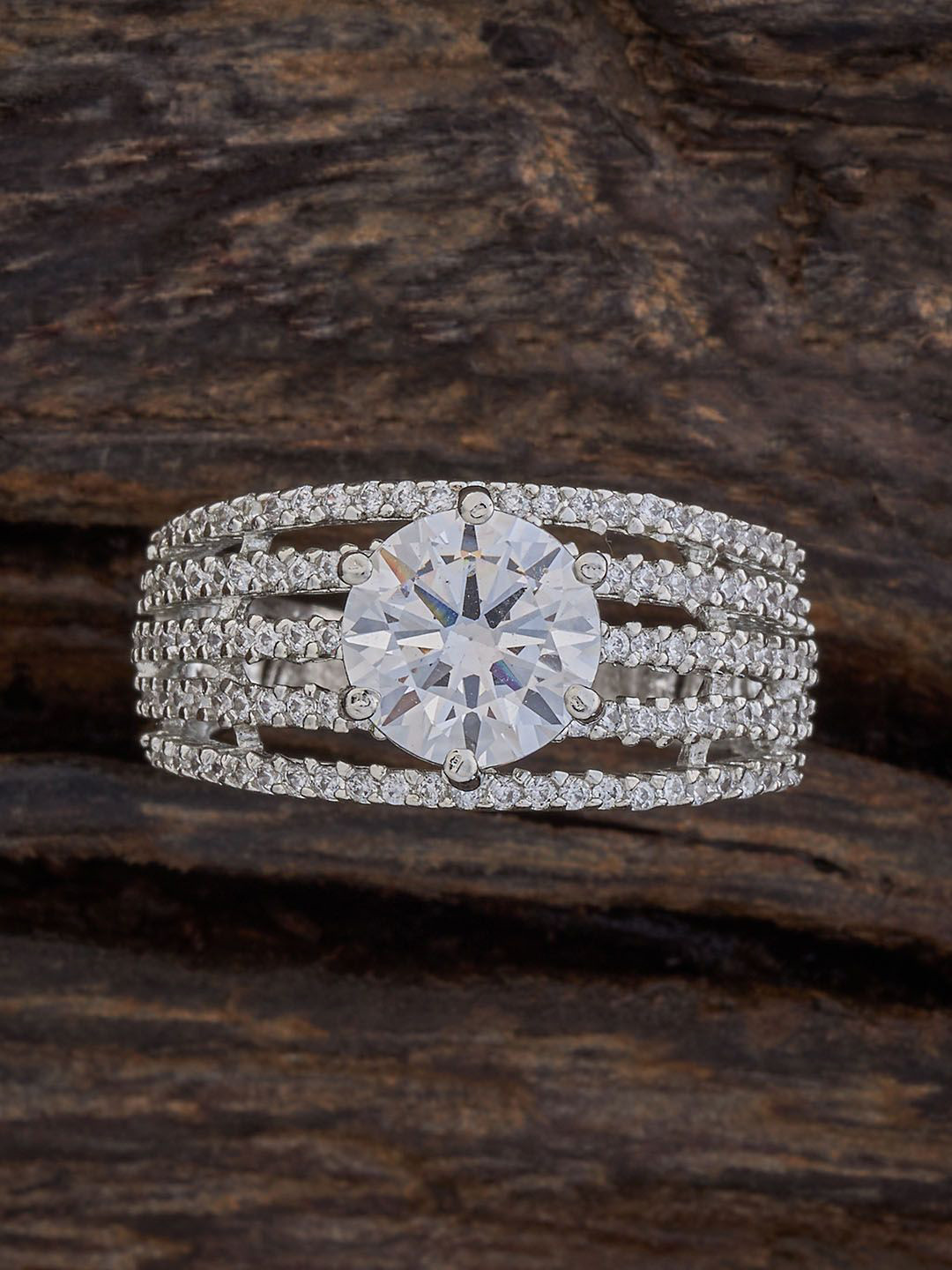 

Kushal's Fashion Jewellery Rhodium-Plated Cubic Zirconia-Studded Adjustable Finger Ring, Silver