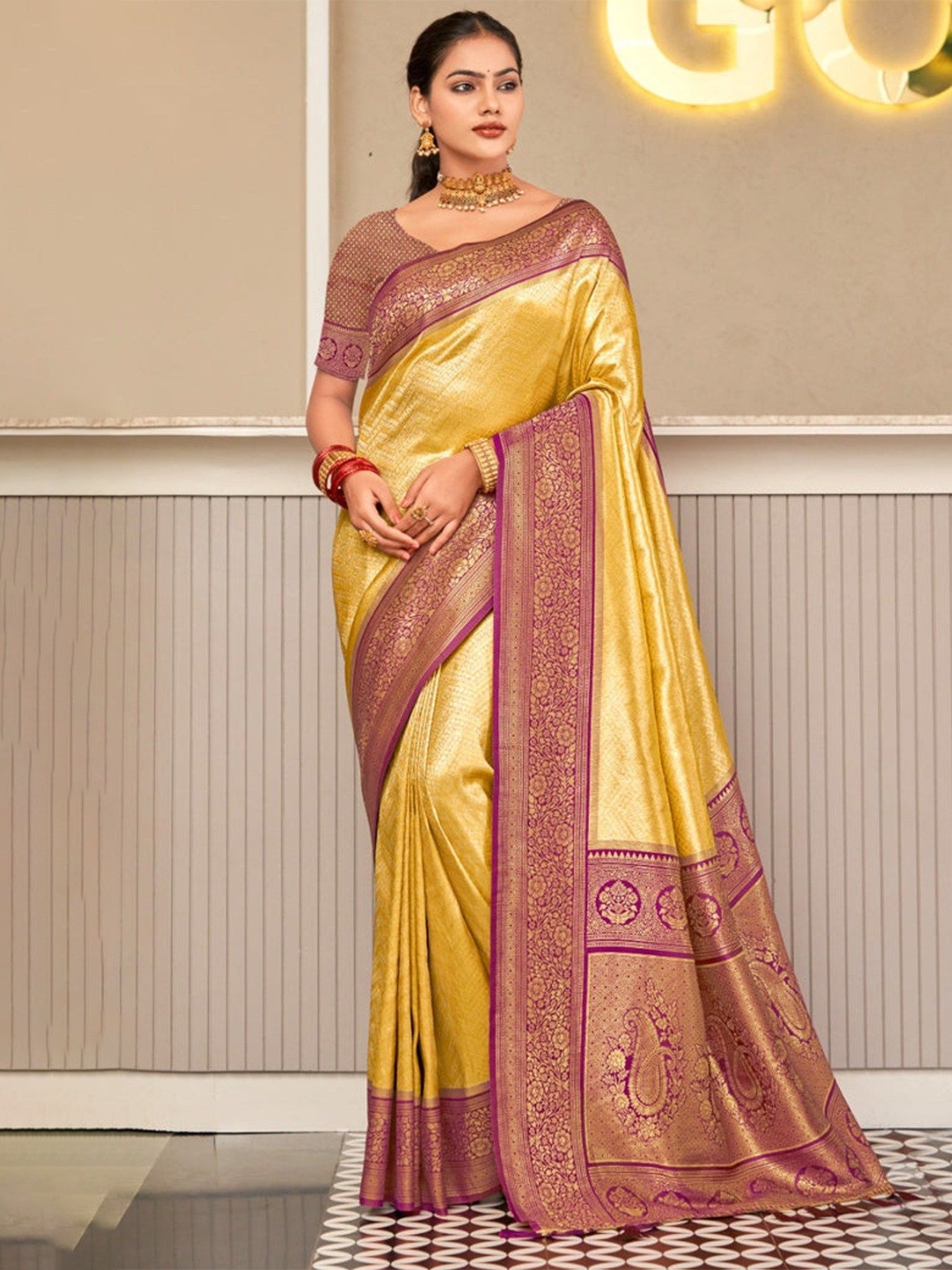 

MySilkLove Ethnic Motifs Woven Design Zari Kanjeevaram Saree, Yellow