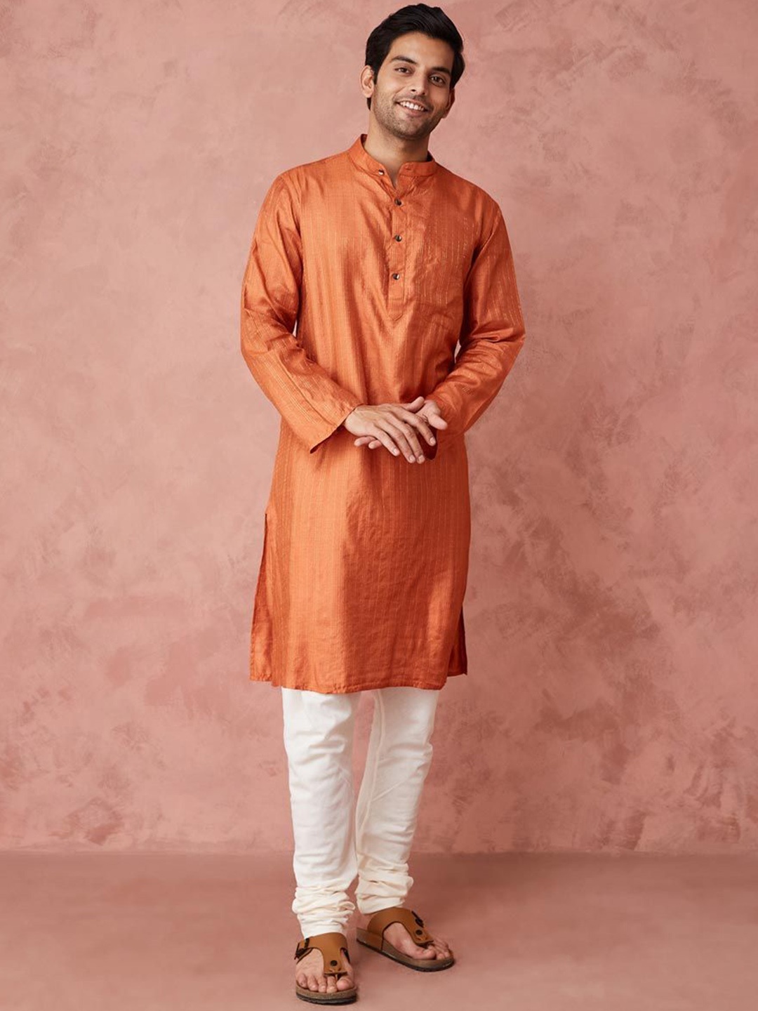 

Fabindia Striped Band Collar Silk Straight Kurta, Orange