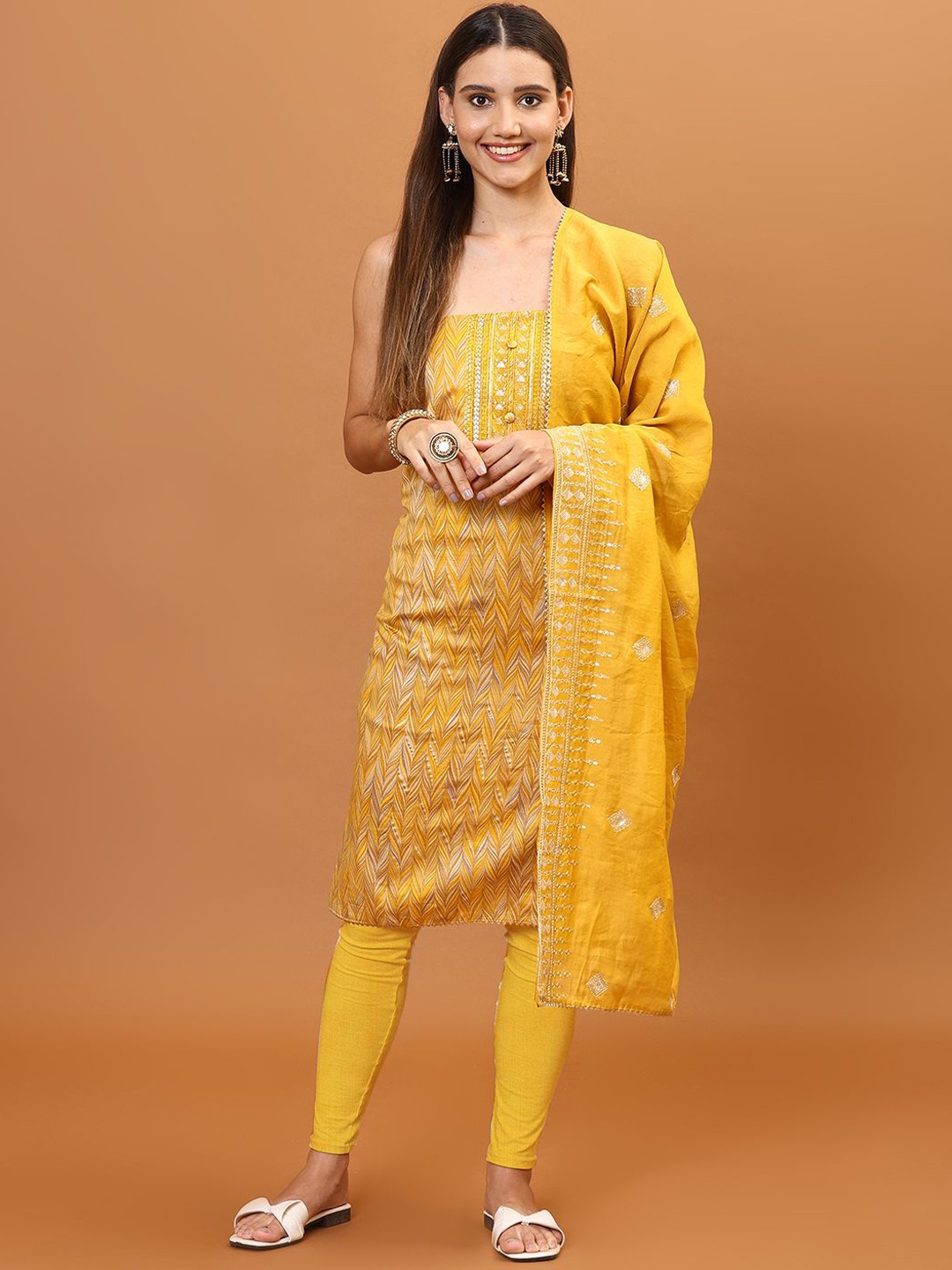 

Meena Bazaar Floral Printed Sequinned Unstitched Dress Material, Mustard