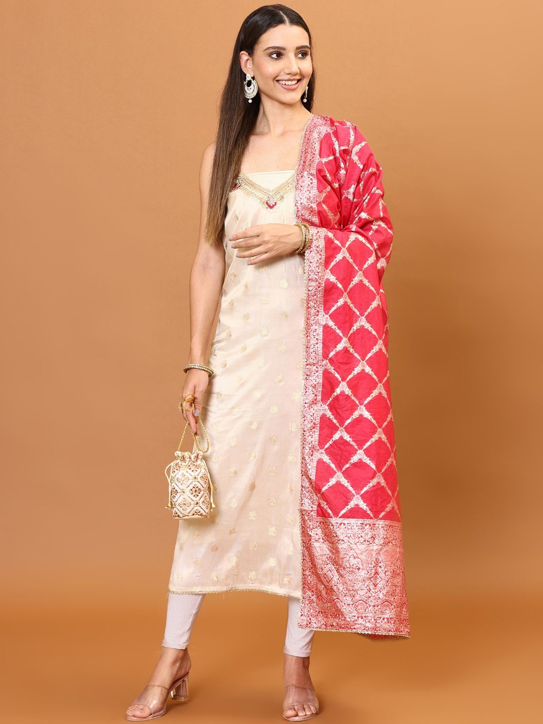 

Meena Bazaar Floral Woven Design Sequinned Unstitched Dress Material, Cream
