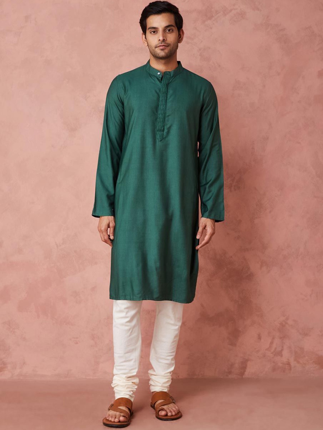 

Fabindia Slim Fit Band Collar Straight Kurta, Green