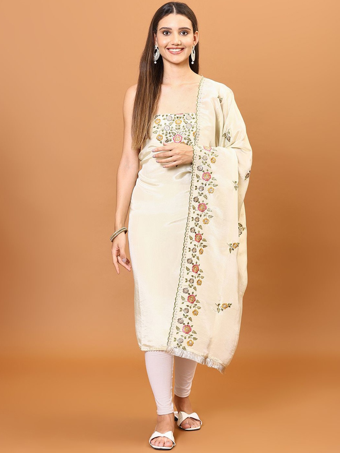 

Meena Bazaar Floral Embroidered Sequinned Unstitched Dress Material, Cream