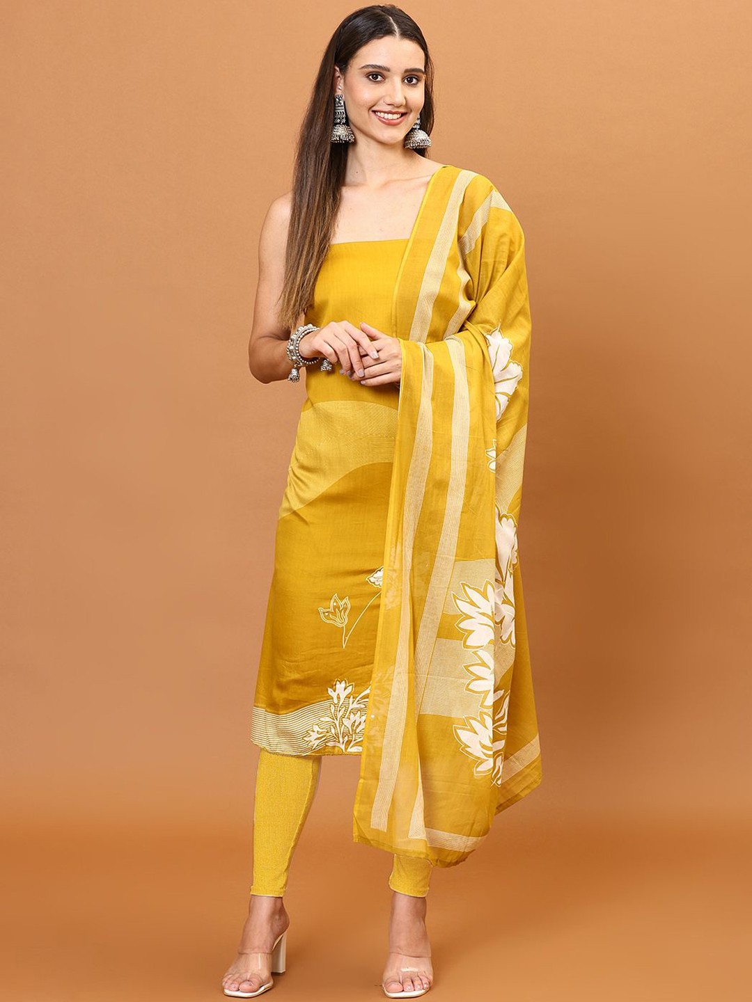 

Meena Bazaar Floral Printed Art Silk Unstitched Dress Material, Mustard