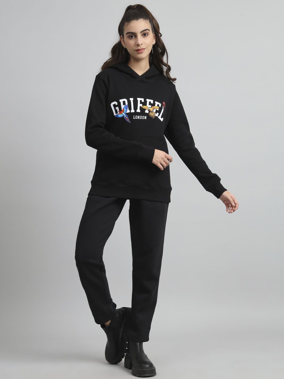 

GRIFFEL Women Hooded Sweatshirt With Track Pant, Black