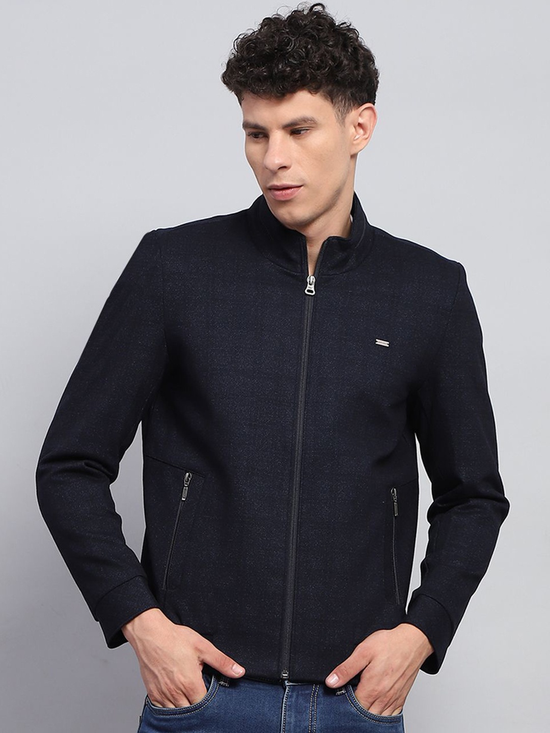 

Monte Carlo Men Mock Collar Solid Casual Open Front Jacket, Navy blue