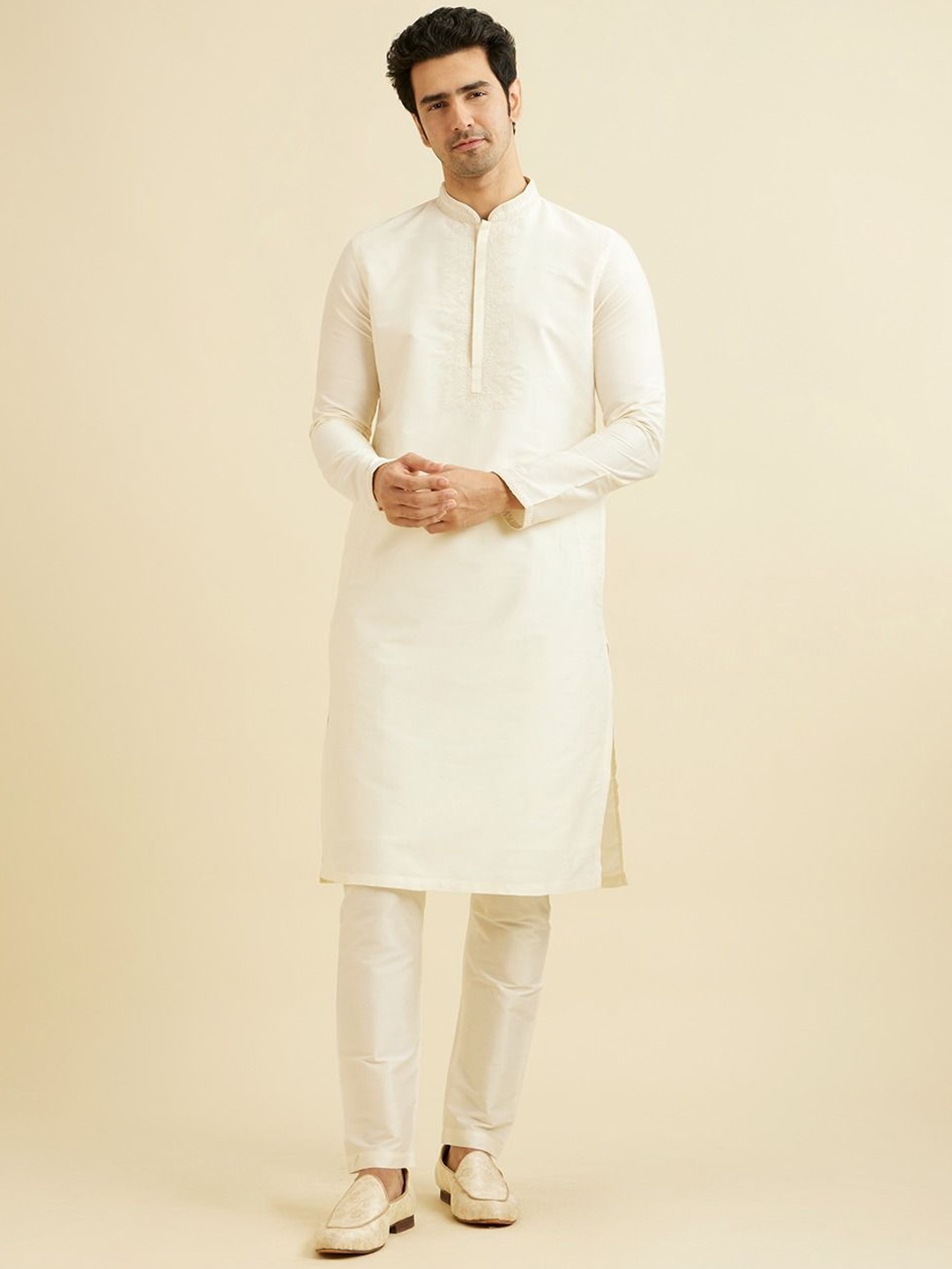 

Manyavar Floral Yoke Design Straight Thread Work Kurta with Pyjamas, Cream