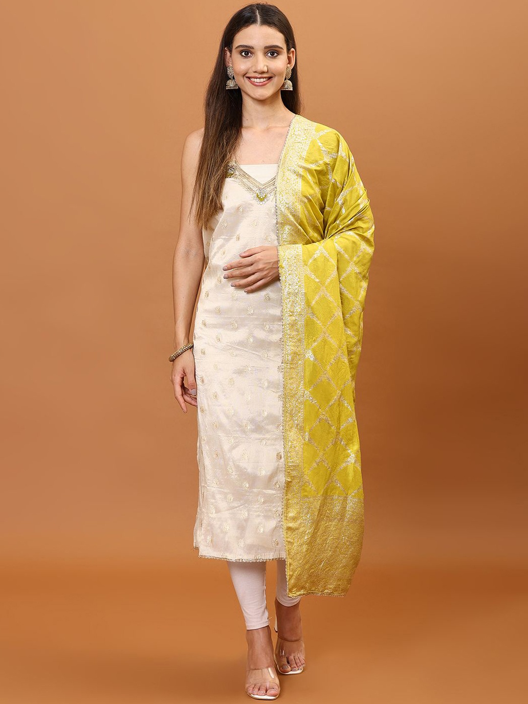 

Meena Bazaar Floral Woven Design Sequinned Unstitched Dress Material, Cream