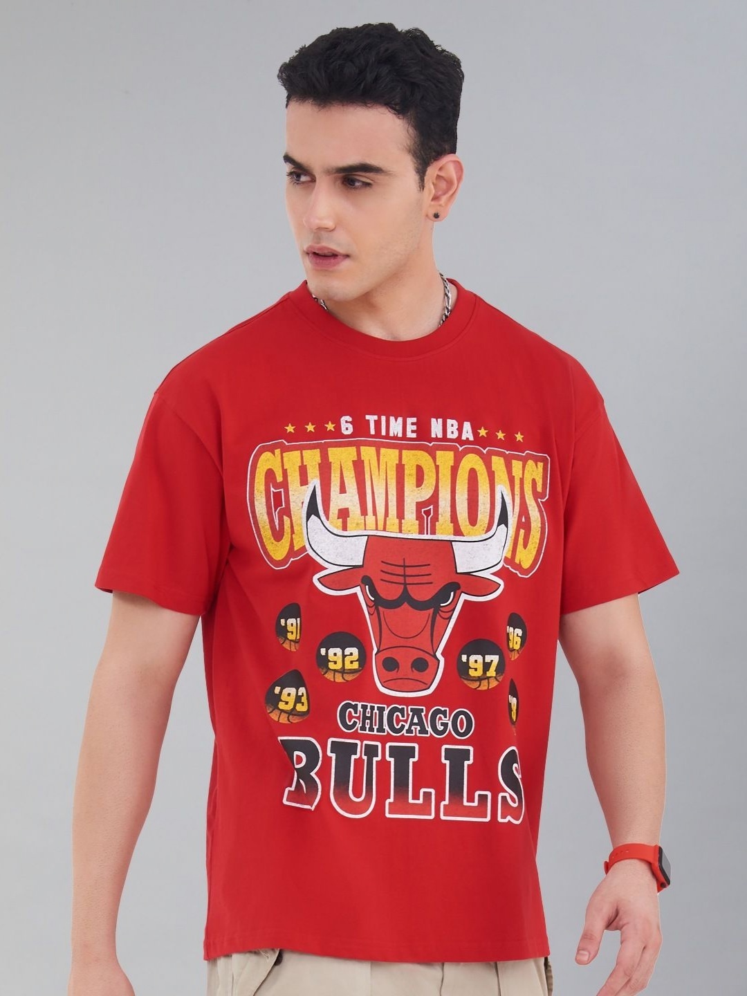 

NBA Men Typography Printed Round Neck Cotton Oversized T-shirt, Red