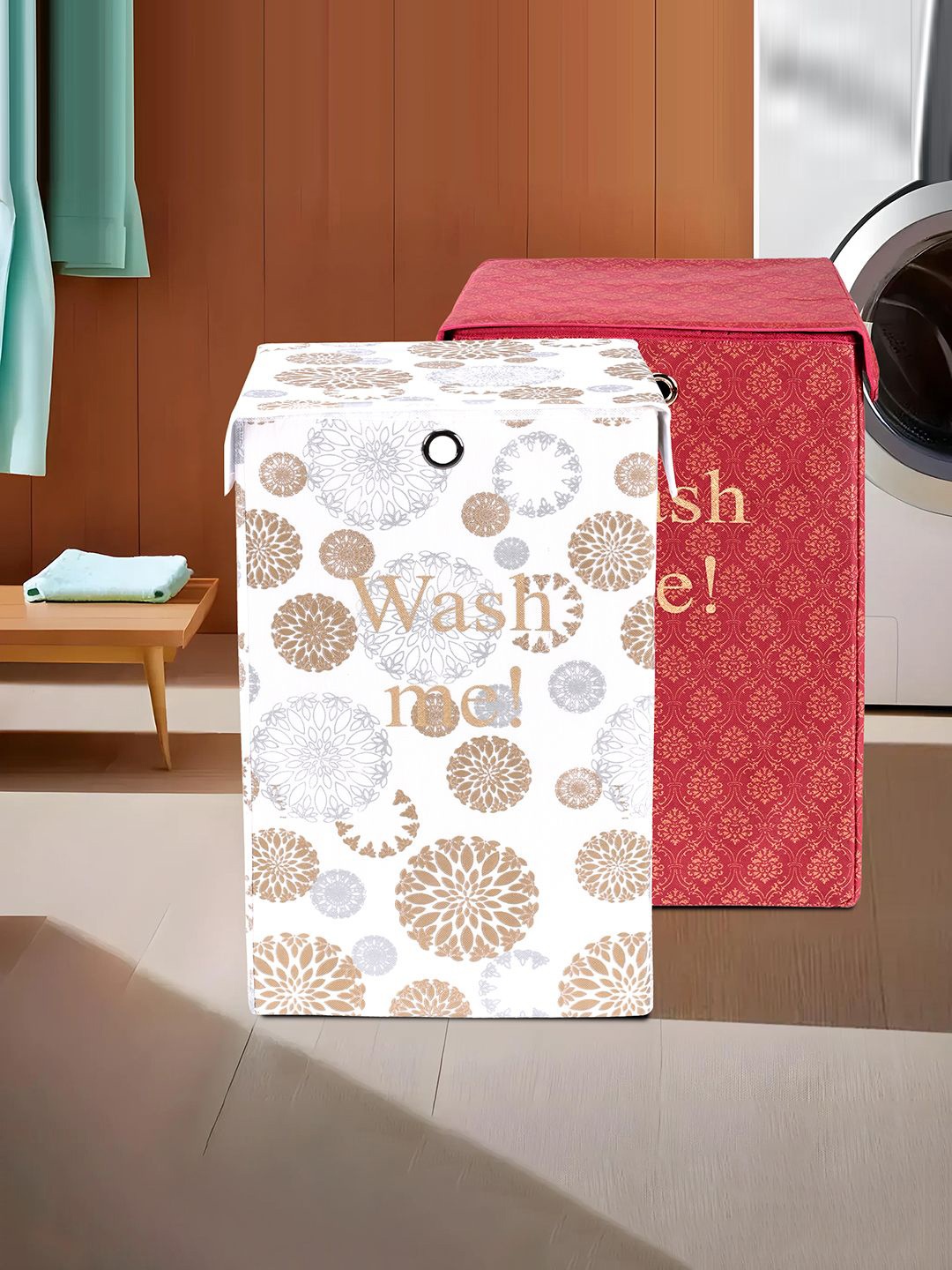 

Kuber Industries White & Maroon 2-Pcs Printed Foldable Dustproof Laundry Bags 75L
