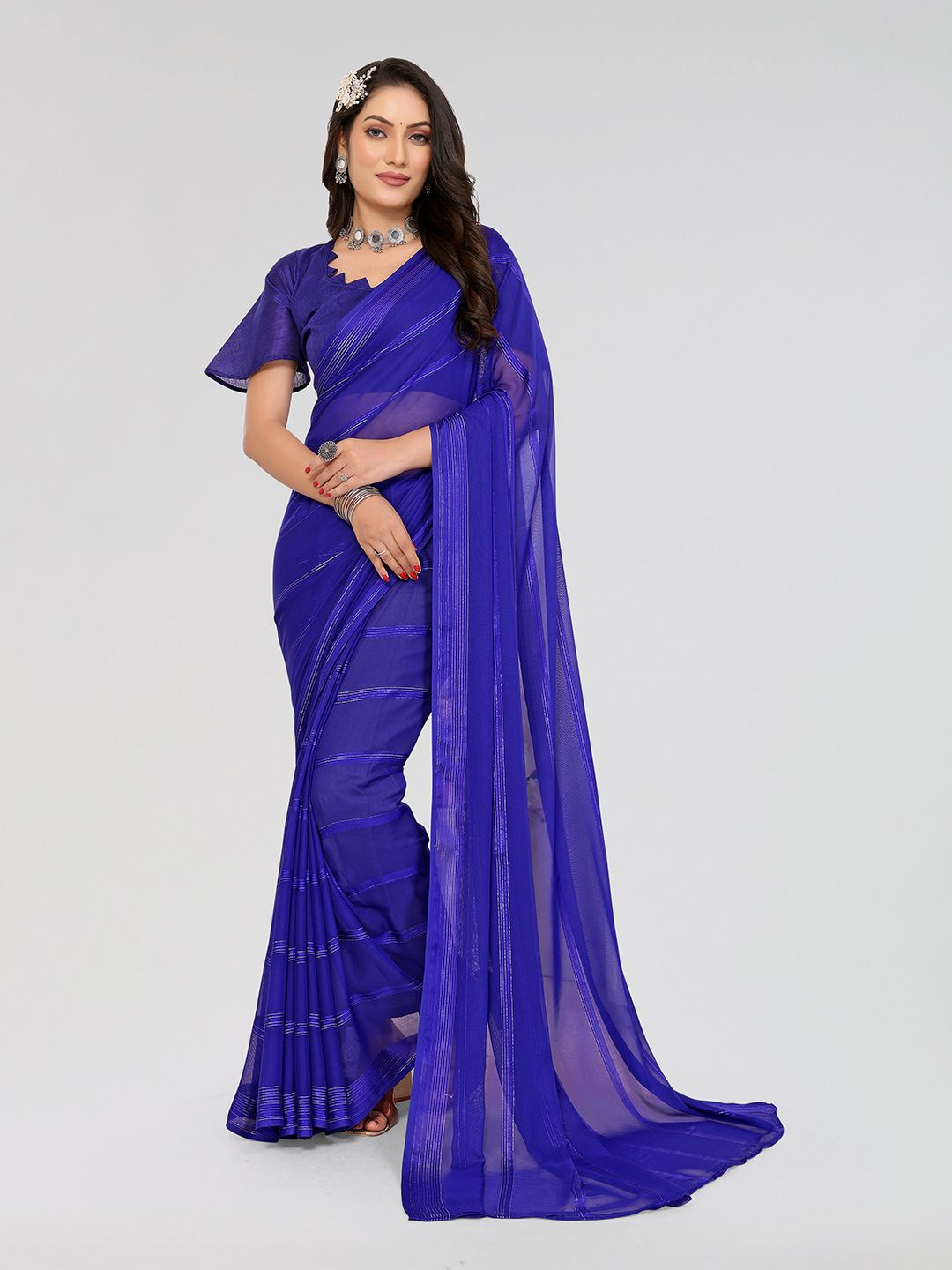 

Moda Rapido Striped Satin Saree, Blue