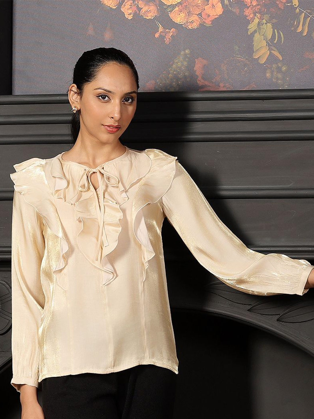 

SALT ATTIRE Women Tie-Up Neck Puff Sleeves Top, Gold