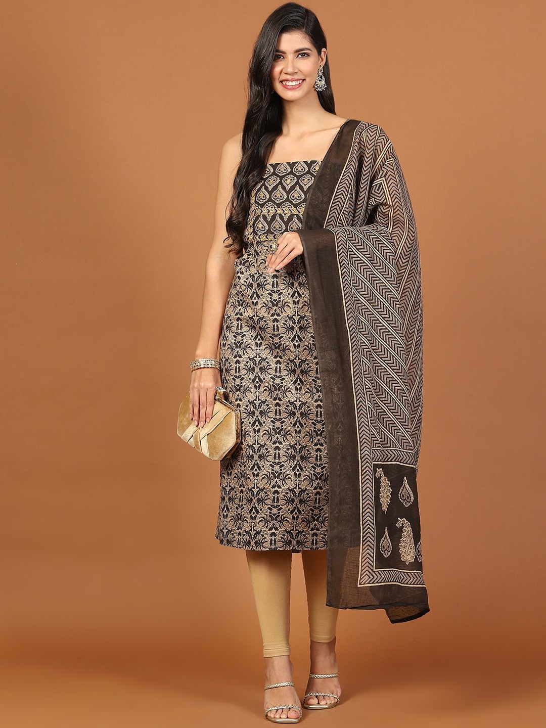 

Meena Bazaar Abstract Printed Cotton Unstitched Dress Material, Brown