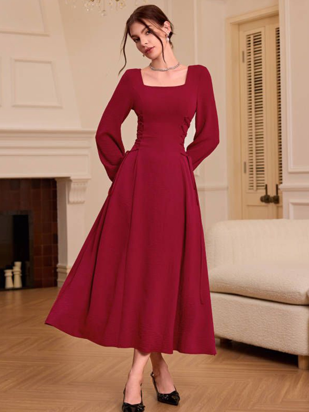 

HERE&NOW Women Square Neck Long Sleeves Maxi Dress, Burgundy