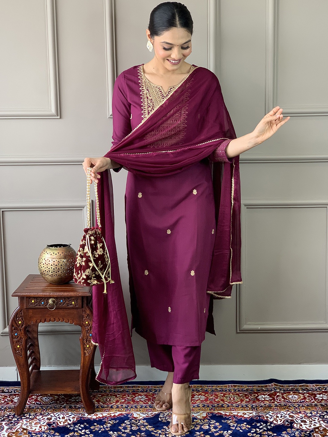 

BHUMIKA CREATION Women Embroidered Regular Kurta with Trousers & With Dupatta, Purple