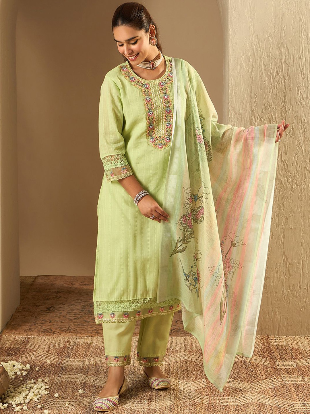 

Indo Era Floral Embroidered Pure Cotton Straight Kurta With Trousers & Dupatta, Green