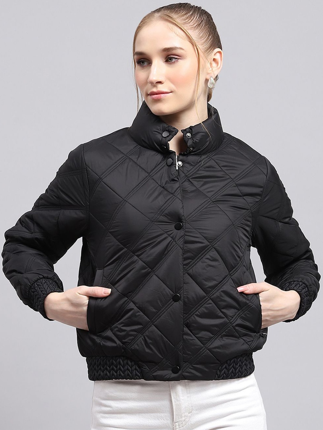 

Monte Carlo Women Mock Collar Solid Nylon Casual Quilted Jacket, Black
