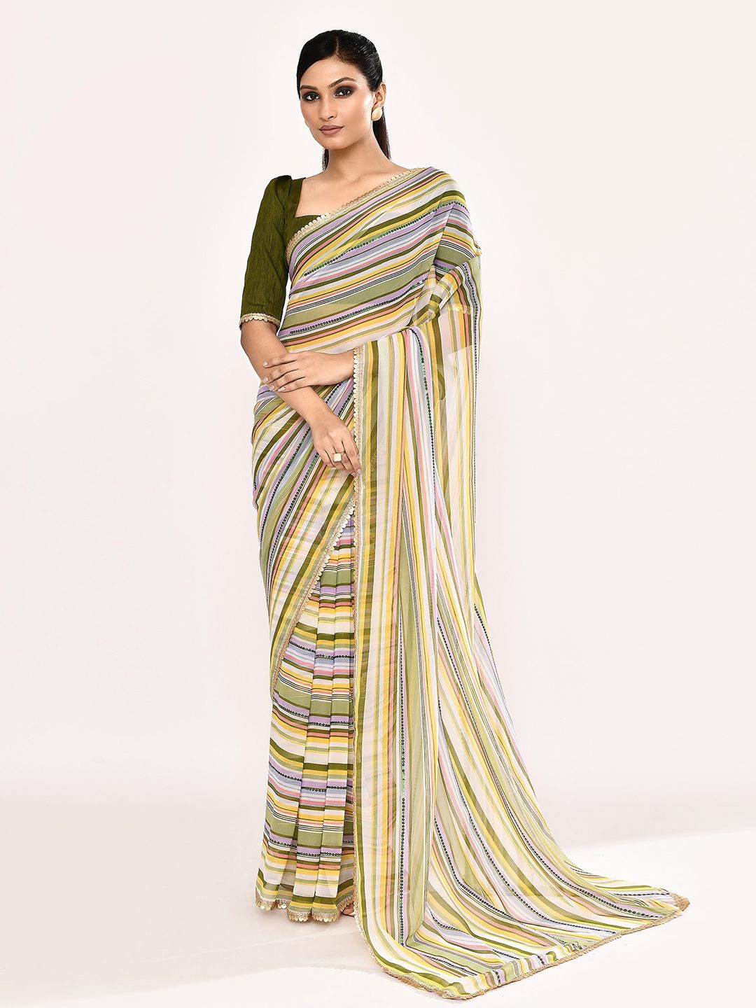 

Samyukta Singhania Striped Poly Georgette Saree, Green