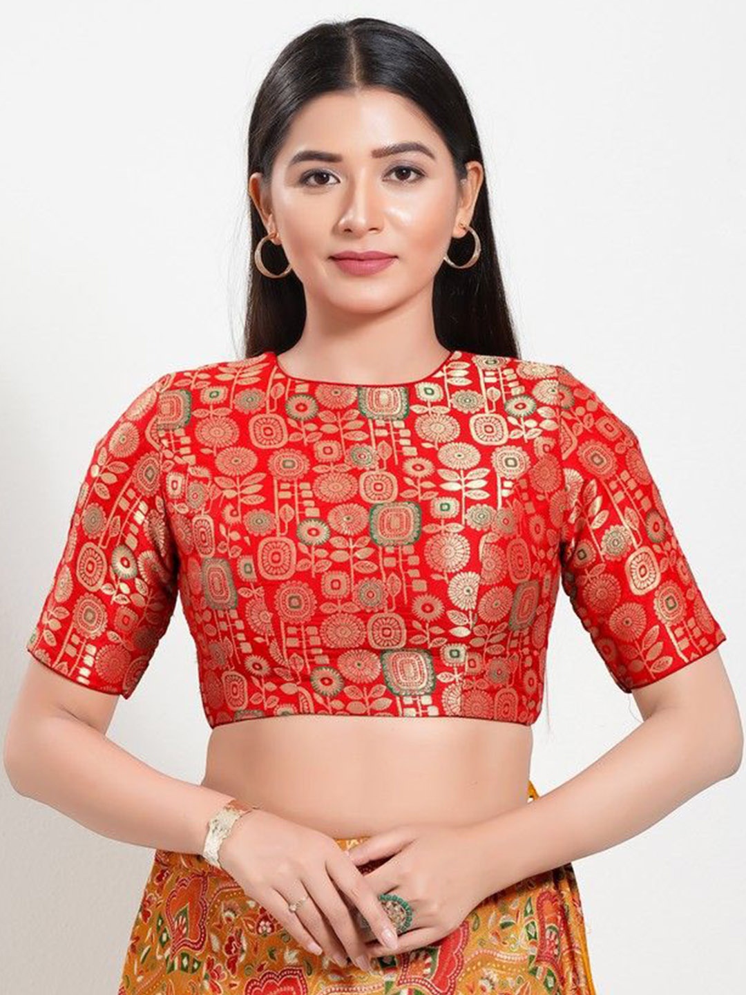 

Mmore Woven Design Padded Saree Blouse, Red