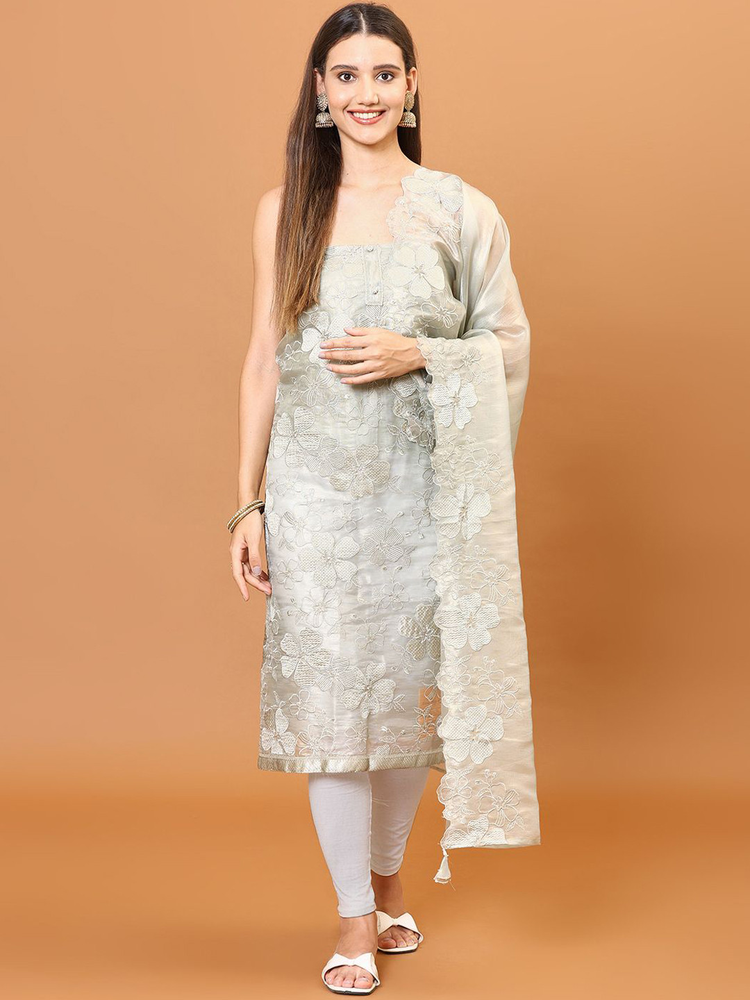 

Meena Bazaar Floral Embroidered Tissue Unstitched Dress Material, Green