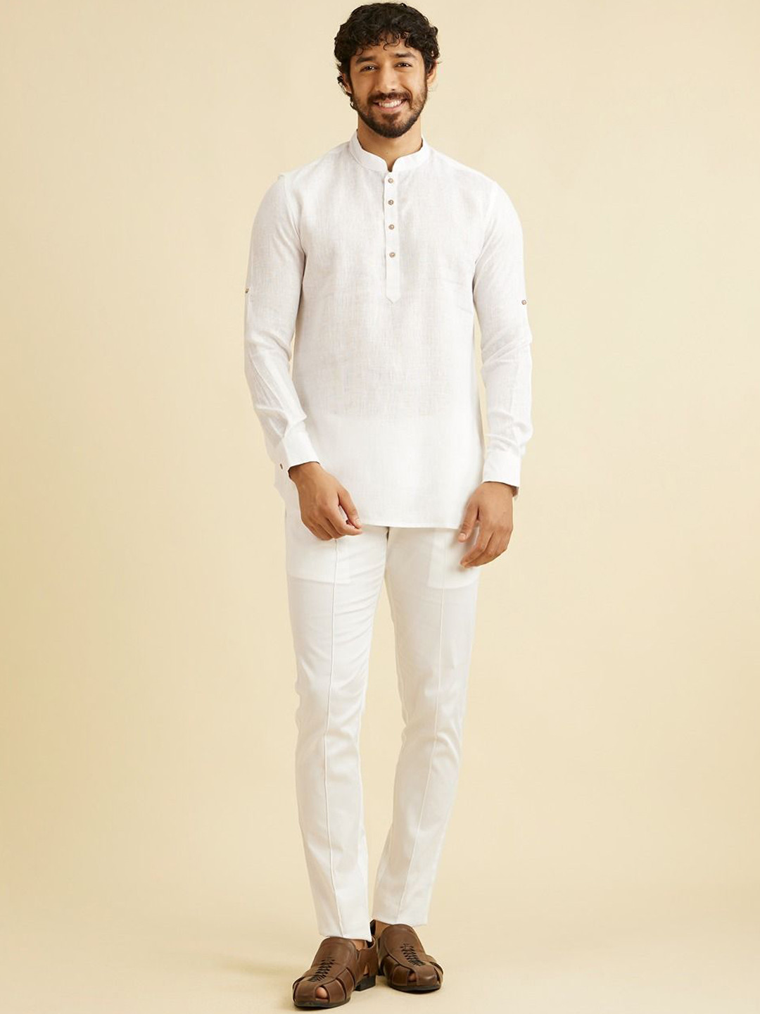 

Manyavar Mandarin Collar Linen Straight Kurta, White