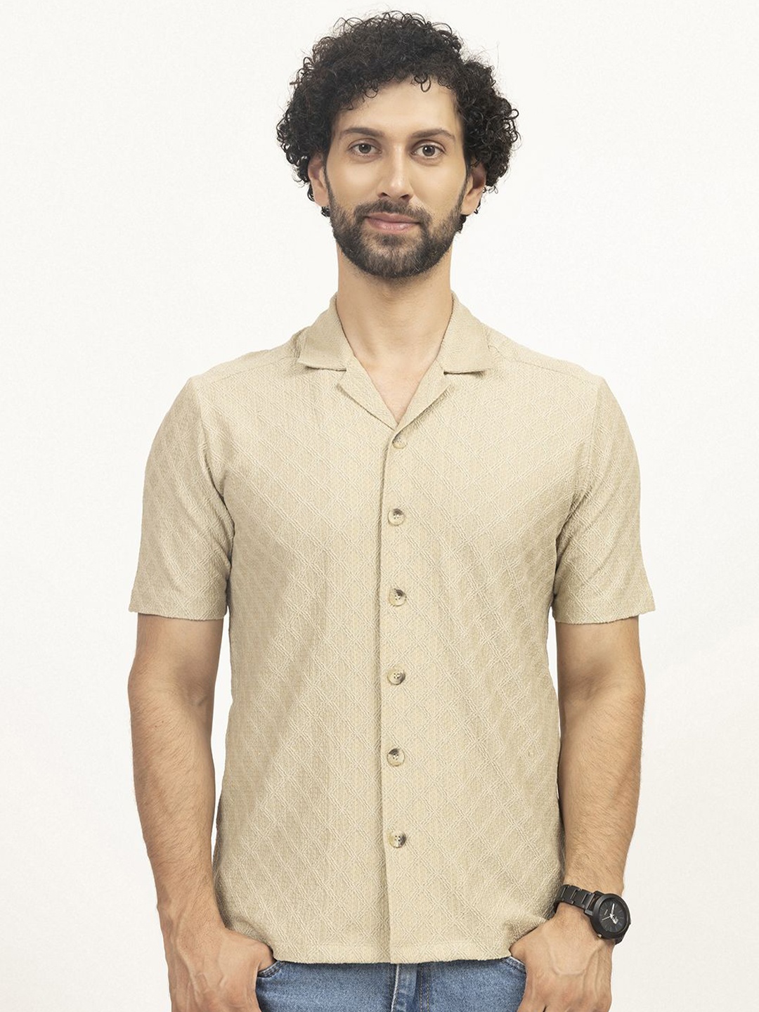 

LELA Men New Cuban Collar Textured Linen Blend Casual Shirt, Beige