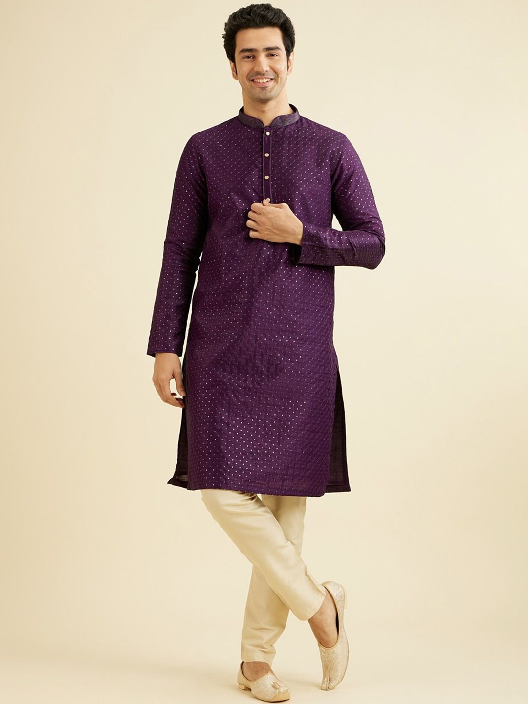 

Manyavar Checked Embroidered Sequinned Mandarin Collar Straight Kurta With Trousers, Purple