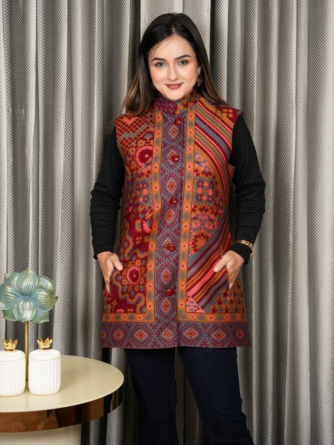 

HOUSE OF KIRNA'S WITH LOGO OF HOK Women Ethnic Motif Single-Breasted Coat, Orange