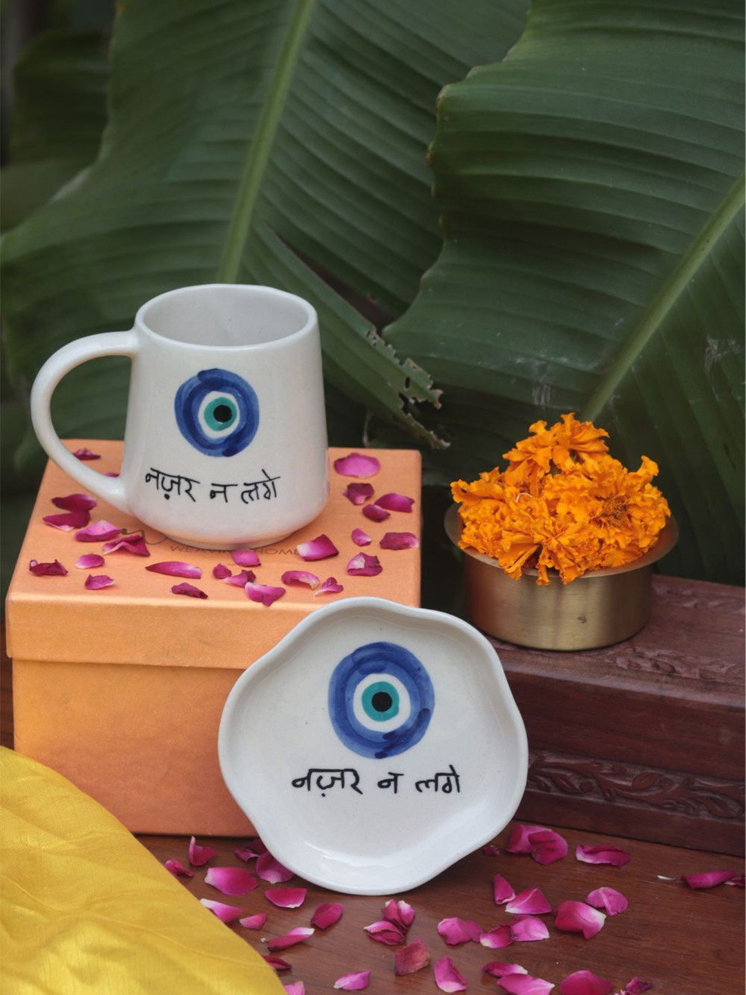 

WEAVING HOMES White & Blue 2 Pieces Printed Ceramic Cup Home Gift Set
