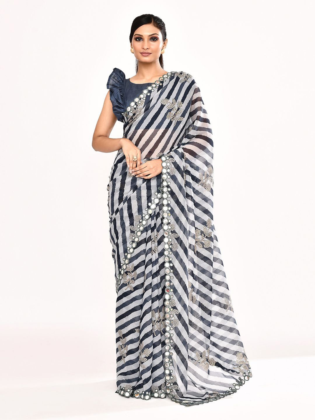 

Samyukta Singhania Striped Mirror Work Poly Georgette Saree, Black