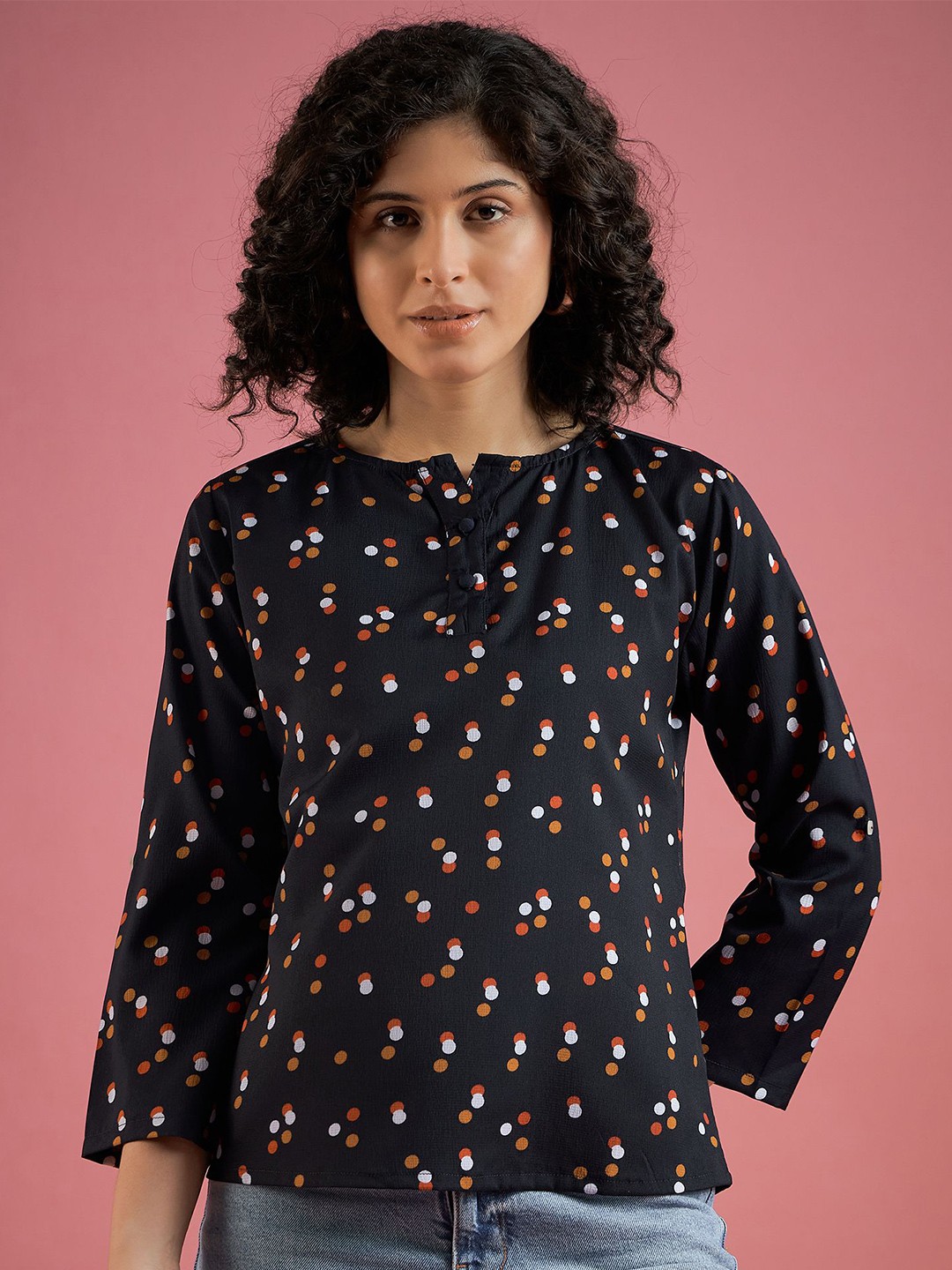 

Mayra Women Polka Dot Printed Top, Black