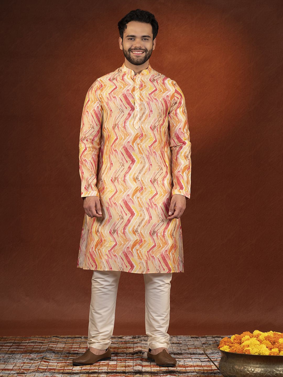 

TheEthnic.Co Chevron Printed Pure Cotton Straight Kurta with Churidar, Gold