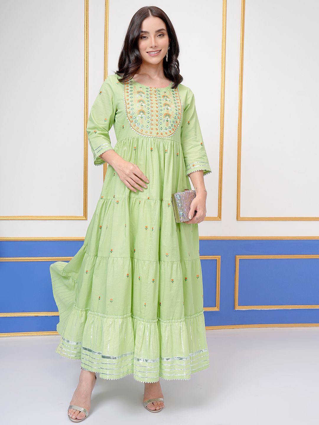 

Vishudh Women Embroidered Tiered Maxi Cotton Dress, Green