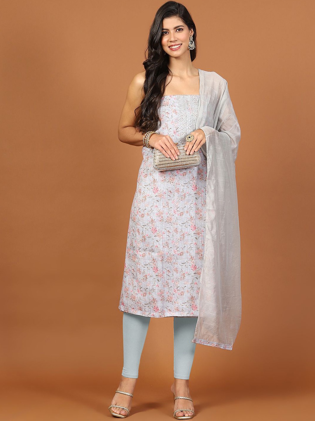 

Meena Bazaar Floral Printed Sequinned Cotton Unstitched Dress Material, Grey
