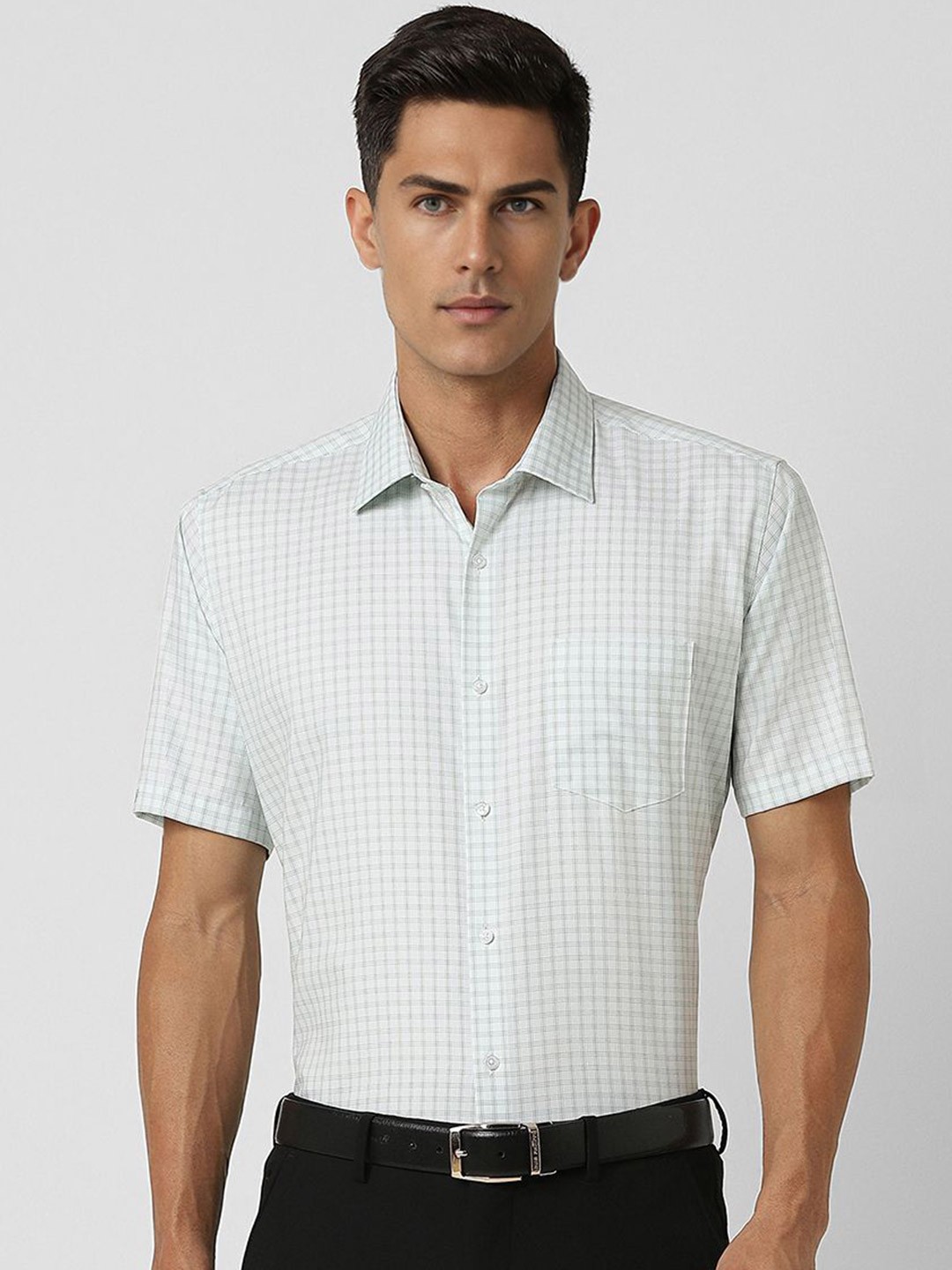 

Van Heusen Men Spread Collar Checked Cotton Formal Shirt, Green