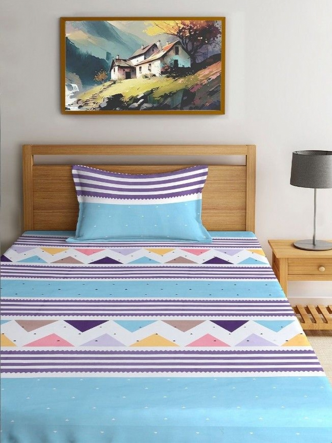 

MORADO Blue & Purple Graphic 210 TC Single Bedsheet with 1 Pillow Covers