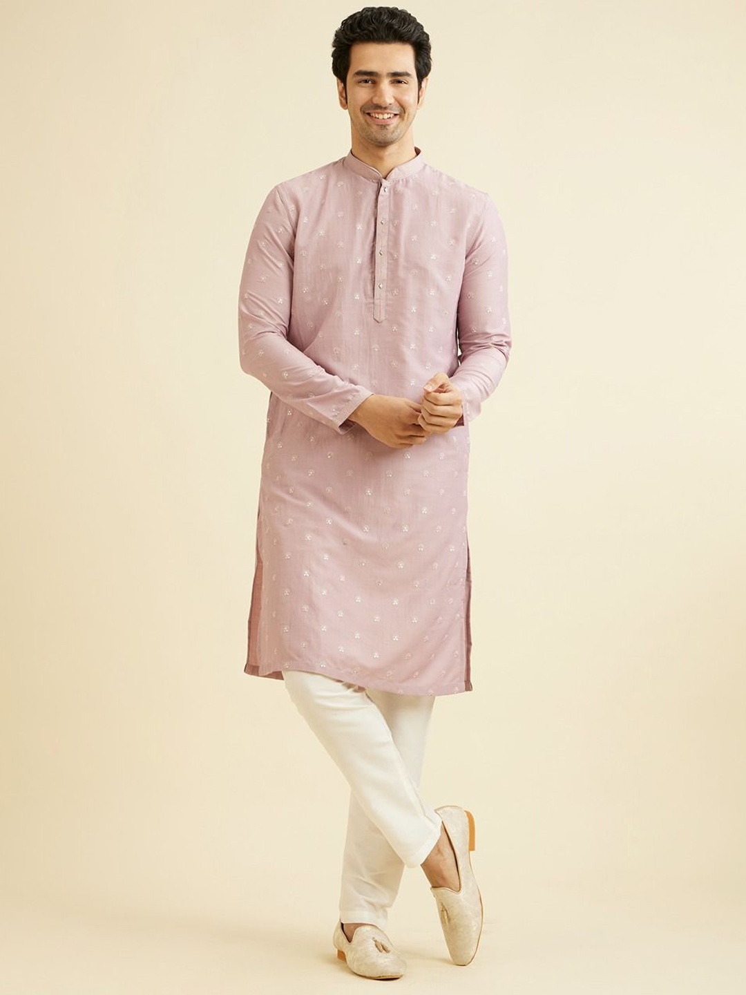 

Manyavar Ethnic Motifs Embroidered Straight Thread Work Kurta with Pyjamas, Mauve