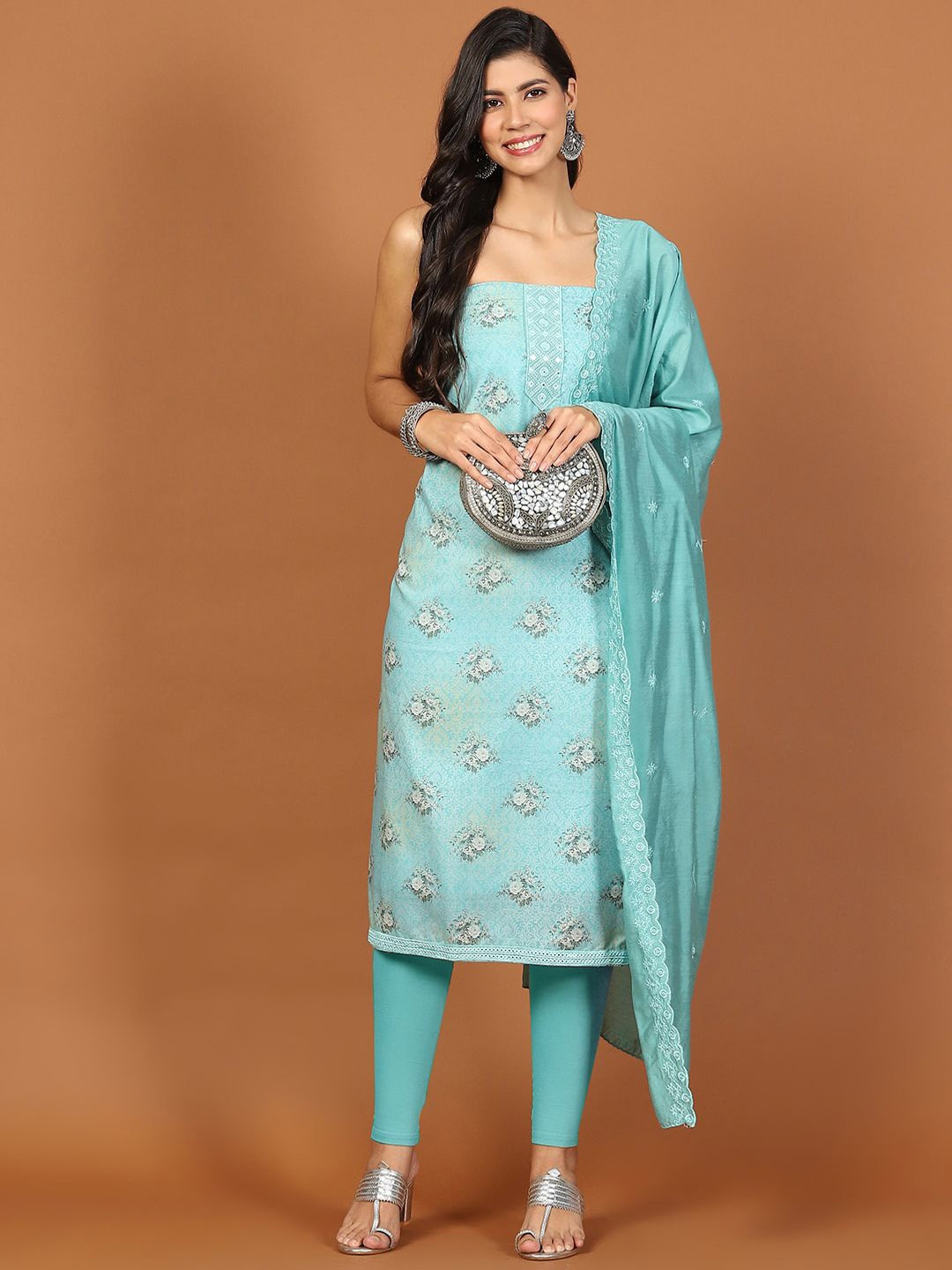 

Meena Bazaar Floral Printed Mirror Work Cotton Unstitched Dress Material, Sea green