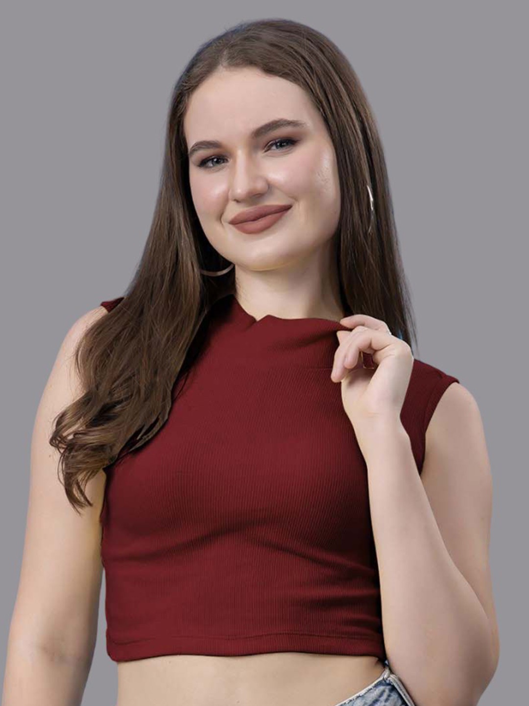 

Friskers Women High Neck Cotton Crop Top, Maroon