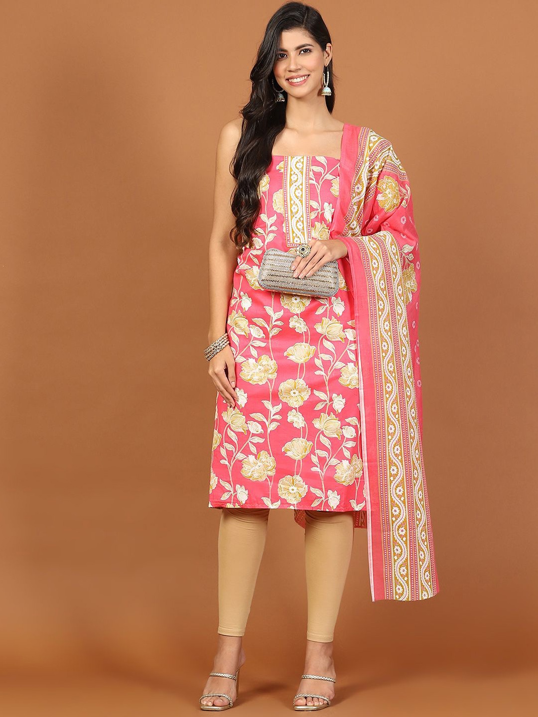 

Meena Bazaar Floral Printed Sequinned Unstitched Dress Material, Pink