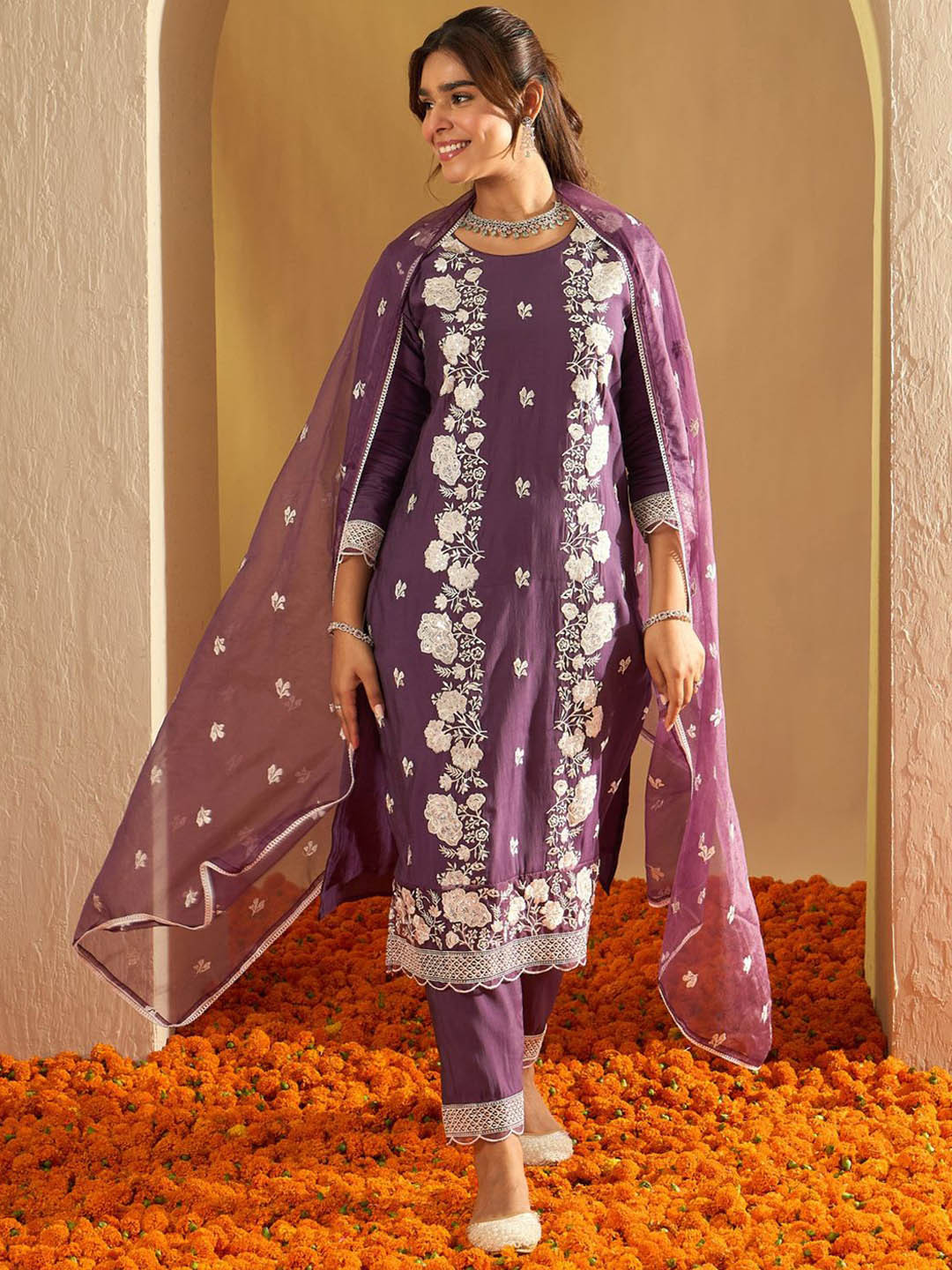 

Indo Era Floral Embroidered Thread Work Straight Kurta With Trousers & Dupatta, Purple