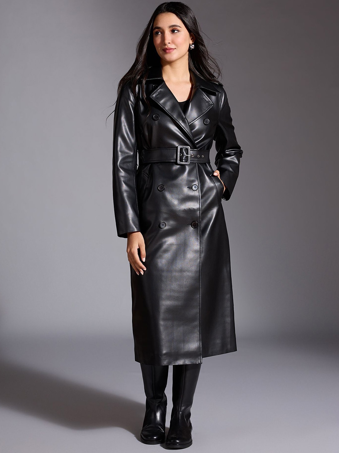 

20Dresses Notched Lapel Collar Shoulder Tabs Double Breasted Overcoat With Belt, Black