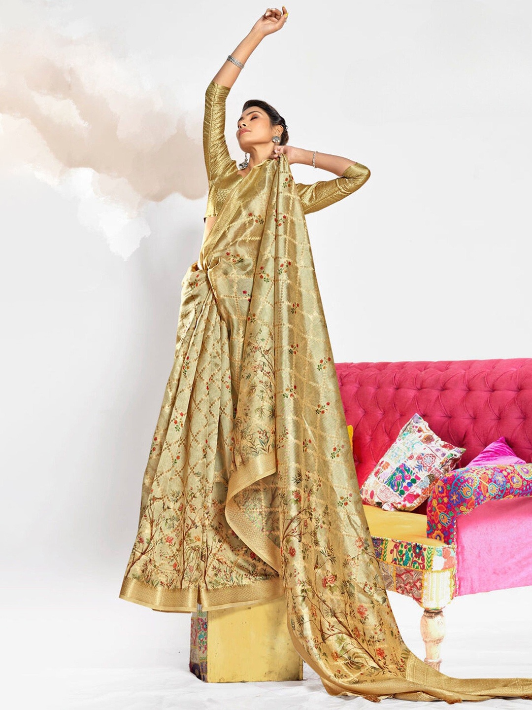 

MySilkLove Ethnic Motifs Printed Banarasi Saree, Cream