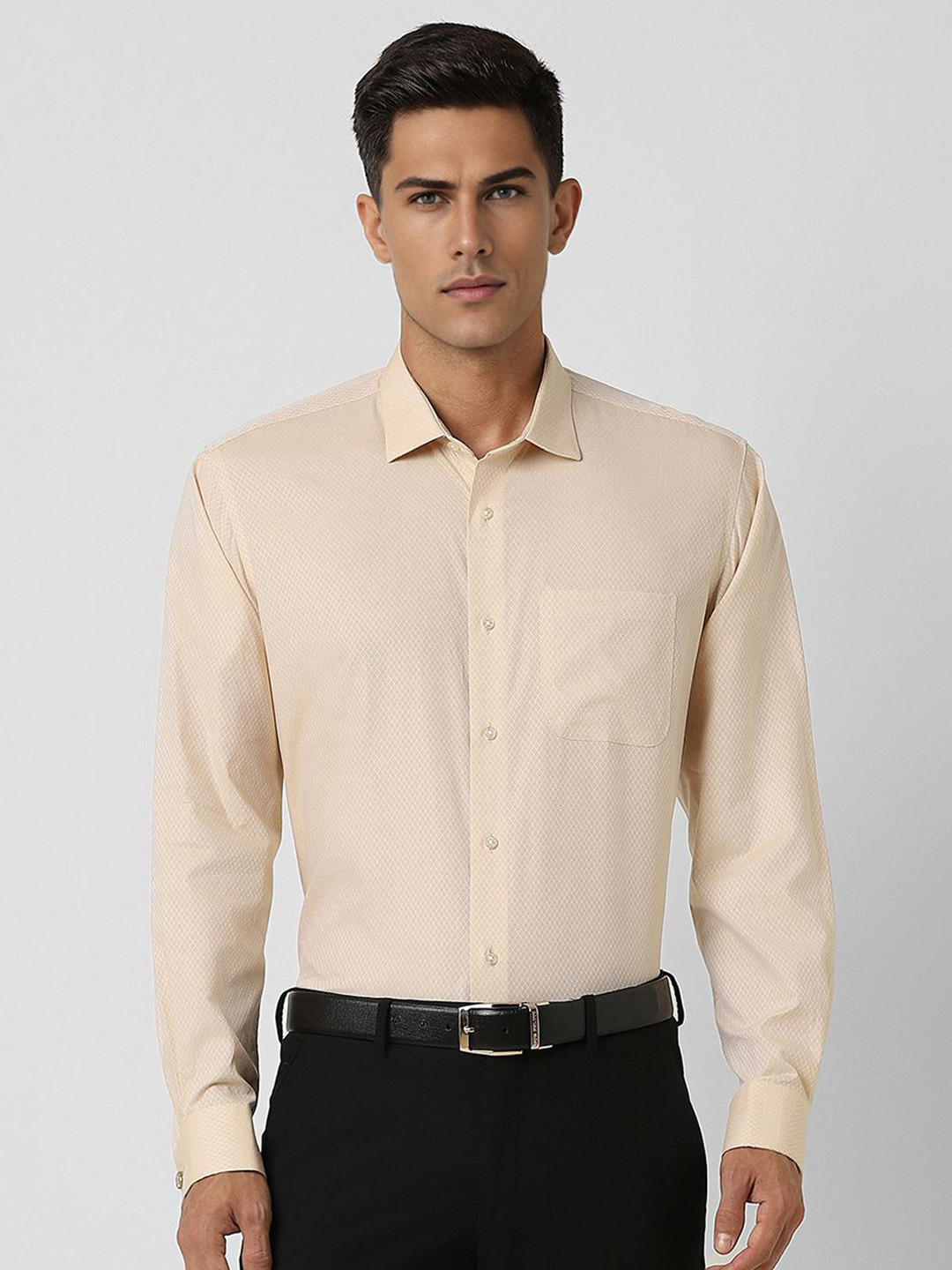 

Van Heusen Men Spread Collar Textured Cotton Formal Shirt, Beige