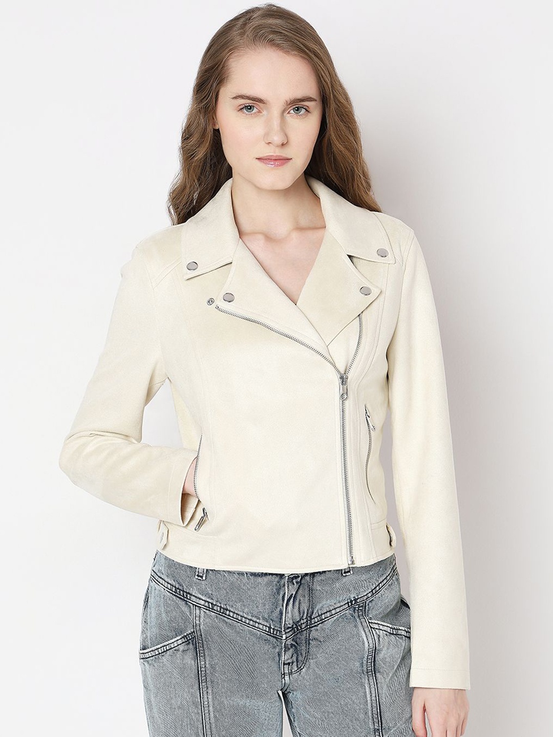 

Vero Moda Women Lapel Collar Solid Casual Biker Jacket, Beige